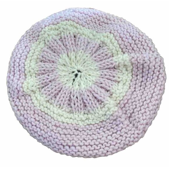 Handmade Crochet Beret Cap Hat Beanie Artisan Pink White Boho Retro Fall Winter - Picture 1 of 9